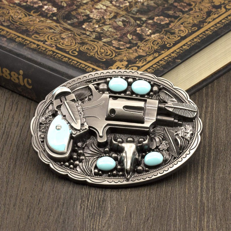 YOQUCOL Revolver Pistol Imitation Turquoise Bull Head Belt Buckle For