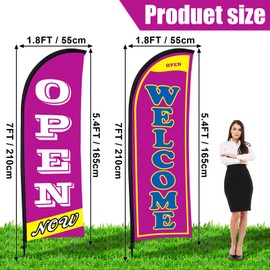 Buryeah 2 Sets Now Open Flag Banner for Business Advertising 7 ft Feather Flag Sign with Flagpole Ground Stake Portable Bag (Purple)