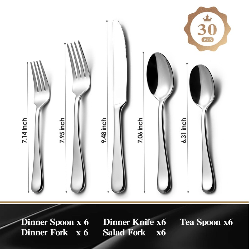 KINGSTONE 30 Pieces Silverware Set for 6, Premium Stainless Steel