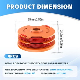 CHIHOLEN 4pcs Strimmer Spool Compatible with WA0007 WX100, 1.6mm 32ft Replacement Double Autofeed Spool for Worx WG105 WG106 WG119E Mcgregor MET6032 MET4530 MET3525 Qualcast GT25(4 Spool)