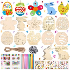 SZ Lucky Sheeps 324 Pieces Easter Crafts Children, Wooden Pendants Easter for Painting, Easter Wood Painting, Crafts Easter Children, with Wooden Pendant, Watercolour Pen, Rhinestone Eye Rope Sticker (Yellow B)