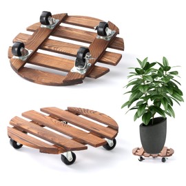 2 Pack 12" Plant Caddy with Wheels, Rolling Plant Stand 220 LB Heavy Duty Wooden Round Plant Dolly with Metal 360° Lockable Caster Wheels for Outdoor Indoor Large Plant Pots, Flower Pot, Patio