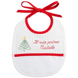 Filet - Christmas Bib for Babies with Embroidery "il mio primo Natale" and Christmas Tree with Star, Bow Closure, Made in Italy