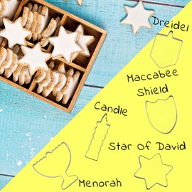 Aviv Judaica Hanukkah Fun Stainless Steel Cookie Cutters Molds Set of 5 Chanukah Story Shapes - Menorah - Dreidel - Candle - Maccabee Shield - Star of David