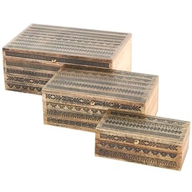 Deco 79 Mango Wood Geometric Handmade Decorative Box Storage Decorative Keepsake Box with Black Tribal Carvings and Gold Accents, Set of 3 Storage Box 11", 9", 7"W, Brown