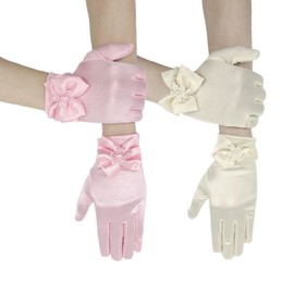 SAIIURV 2 Pairs Little Girls Short Princess Satin Gloves Baby Girl Costume Party Accessories Gloves for Princess, Opera Dinner, Tea Party, Wedding, Birthday, Beige + Pink, Unit size