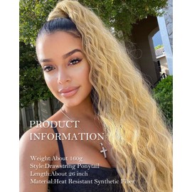 Rosooi 26 Inch Long Black Drawstring Ponytail Extension for Women Synthetic Long Curly Wavy Clip in Ponytail Hair Extensions for Daily Party Use (26 Inch, T24/613J#)