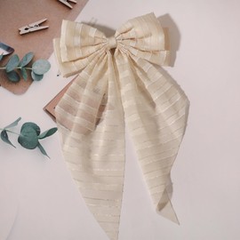 Hair Bows for Women Girls - Furling Pompoms Large Hair Bows Girl Metal Barrettes Long Tail Retro Hair Clips for Bows Hair Accessories 2pcs (Striped Beige)