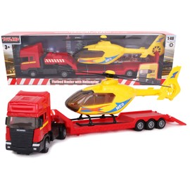 Toyland Scania Flatbed Hauler with Helicopter - 1:48 Scale - Free Wheel - Transport Vehicle Toys - Vehicle Collectables - Boys Toys (Red Truck/White Helicopter)