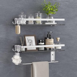 VOLPONE Glass Shelf for Bathroom 15.7 in Bathroom Shelves with Towel Bar Tempered Glass Shelves with 4 Removable Hooks for Wall（2 Tier）