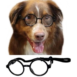 G003 Dog Pet Round Costume Prop Clear Lens Glasses Sunglasses Medium Breeds 18-40lbs (Black-Clear)