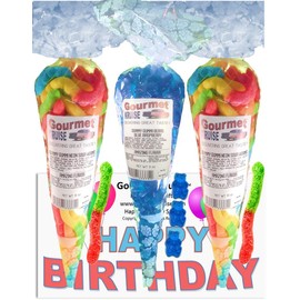 Happy Birthday Series Bright Sour Worms And Blue Raspberry Gummi Gummy Bears (NET WT 31 OZ) (Pack of 3) In 1 Box Gourmet Kruise Signature Gift Bags