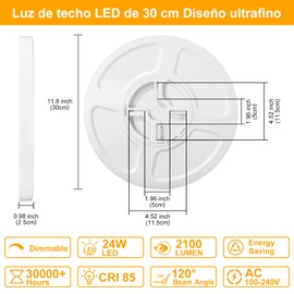 Lámparas para Recámara 30cm 24W 3000K/4000K/6500K Lámpara de Techo LED para Baño, Redonda Plafon Modernas para Cocina/Pasillo/Armario/Baño/Sala Temperatura de Color Brillo Ajustable (Blanco)