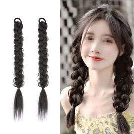 2PCS Braided Ponytail Extensions Hair Ties Long Ponytail Synthetic Hair Piece Women Girls Daily Wear Wigs Accessories（Natural black）
