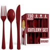 Party Solids Burgundy Plastic Silverware Heavy Duty 150 Pieces Burgundy