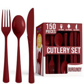 Party Solids Burgundy Plastic Silverware Heavy Duty 150 Pieces Burgundy Disposable Silverware Heavy Duty, Utensil Sets, 50 Of Each Forks, Knives & Spoons Disposable Cutlery Set For Party Supplies
