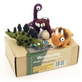 Woolbuddy Needle Felting Kit, 4 Felted Dinosaurs, Felted Animals, Felting Kit for Beginners Adult and Kids, Felting Supplies Included Felting Wool, Felting Pad, 4 Felting Needles and Instructions