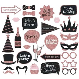 30Pcs Party Photo Booth Props, Masquerade Party Mardi Gras Decorations, Funny Photo Props Accessories for Wedding/Birthday/Photobooth, Black Pink Party Supplies with Hats, Crowns, Tie, Lipstick.