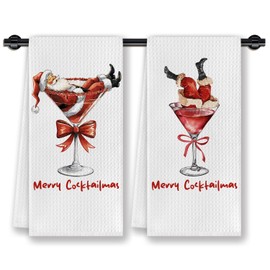 CosxHabitat Funny Christmas Santa Cocktail Kitchen Dish Towels, Christmas Bar Decor, Martini Cocktail Lover Gifts Hand Tea Towels for Kitchen Bar Cart Decor, 16x24 Inches Set of 2