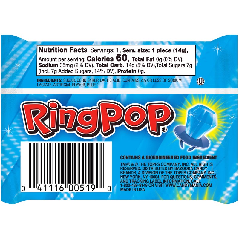 Ring Pop Blue Individually Wrapped Candy, 30 Count Lollipop Pack