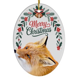 Funny Asia Red Fox Ornament Ceramic Oval White - Merry Christmas 2025 Holiday Keepsake Decoration - Xmas Tree Hanging Decor Gifts for Fox Lovers