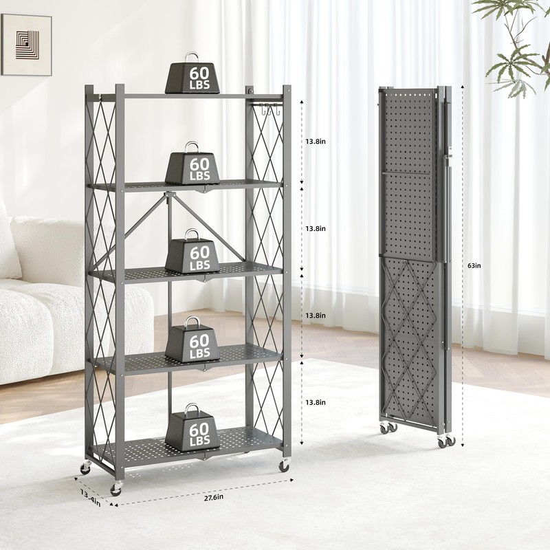 5-Tier Foldable Metal Storage Shelf with Wheels, 750 lb Capacity