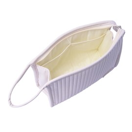 Taysis Small Makeup Bag Simple Cosmetic Pouch, Water Resistant PU Striped Leather Portable Travel Toiletry Bag with Handle for Women and Girls (Creamy White)