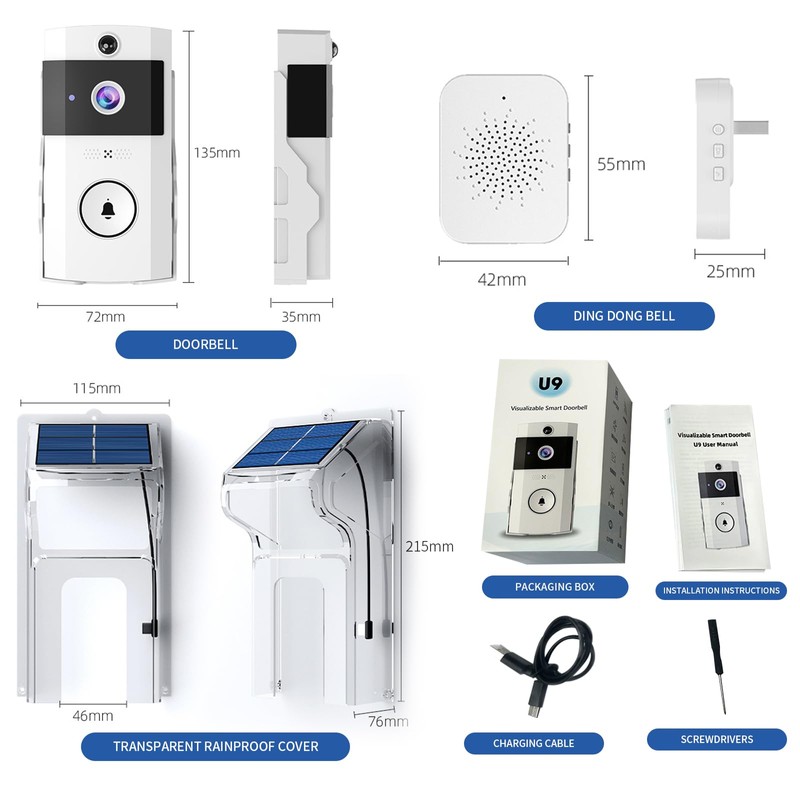 OBEST Wireless Intelligent High-Definition Video Doorbell, With Solar Rain Cover,