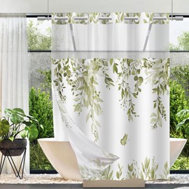 TWLSNCD - Cortina de ducha sin gancho con forro a presión, cortina de baño de mariposa de hoja de eucalipto beige con planta botánica para baño, 71 x 74 pulgadas