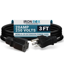 IronBox Electric - NEMA 6-20 Extension Cord - 12/3 SJT Jacket, 20A, 250V Cord - Compatible with Any Generator Equipped with a 6-20 Receptacle - Heavy Duty Extension Cable(Molded, 3 Foot)