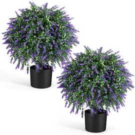 21.6”T Artificial Lavender Topiary Ball Trees Set of 2 Pack, Outdoor Artificial Shrubs Fake Plants UV Resistant Potted Plants for Outdoor, Indoor, Garden Décor.