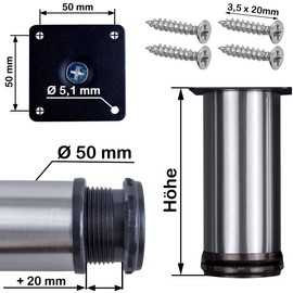 Stahlia® Stainless Steel Furniture Foot Diameter 50 mm Furniture Feet Base Foot 60-180 mm Base Feet Table Foot Furniture Feet, silver