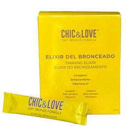CHIC & LOVE Bräunungs-Elixier mit 360-Grad-Bronze, Lycopin, Beta-Carotin und Vitamin D in Fläschchen, verbessert die Bräunung, glutenfrei, laktosefrei und vegan, 30 Trinksticks
