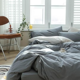 Comfortable & Soft 3 Piece Gentle Breathable Texture Cotton Duvet Cover Queen Size Solid Hued Tidy Design | All Seasons Fall Bedding Dark Gray Grey Color Zipper Closure Warm Plush Cozy Luxury