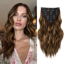 Clip in Hair Extensions, 8PCS 16 Inch Wavy Dark Brown Hair Extensions Clip Ins Mix Blonde, Synthetic Hairpieces for Women