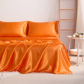 NTBAY 4-Piece Silky Satin Bedding Sets, Super Cool, Breathable and Soft, Frictionless Skin-friendly and Anti-acne, Luxury And Silky With Natural Sheen, Black Friday, Christmas Gift - Color: Orange, Bedding Size: Queen