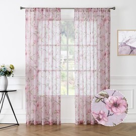 Tollpiz Cortinas traslúcidas con estampado de hojas de flores rosas bordadas florales para sala de estar, cortinas de gasa con bolsillo para cortinero, cortinas de ventana de lino sintético para dormitorio, 54 x 95 pulgadas de largo, juego de 2 paneles
