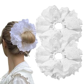 Large White Lace Scrunchies for Women, Lace Double Layer Fancy Satin Hair Scrunchies Elastic Hair Ties Ropes Thick Hair Bulk Scrunchies Accessories