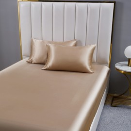Damier Fitted Sheet 200 x 200 cm Beige Satin Silk Glossy Flat Sheet High Quality Deluxe Plain Fitted Sheet Suitable for Mattresses up to 30 cm