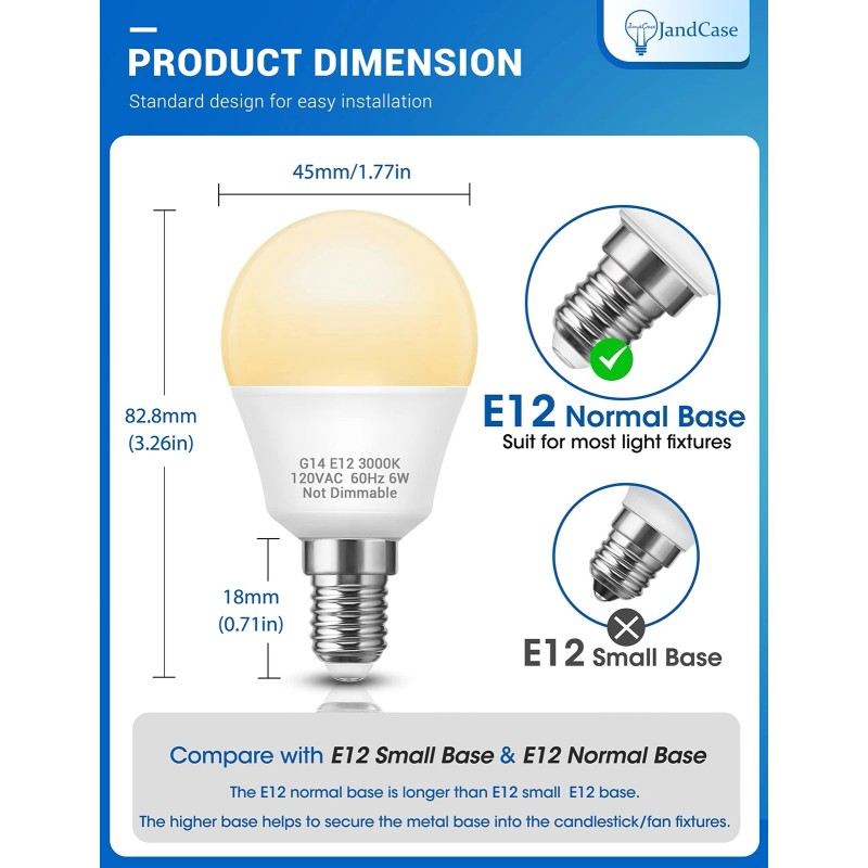 JandCase Ceiling Fan Light Bulbs, 6W E12 LED Bulbs 60Watt