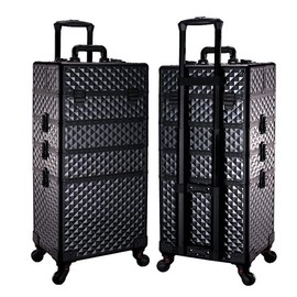 SCIKHEFT Rolling Makeup Train Case Professional Large Cosmetic Train trolley with wheels Aluminum (All Black diamond)