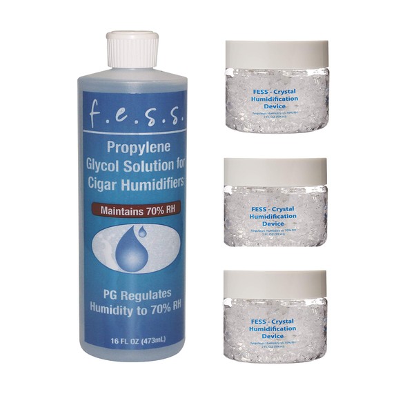 Fess F.e.s.s 16oz Propylene Glycol Humidor Solution with 3 2oz Crystal Humidification Jars