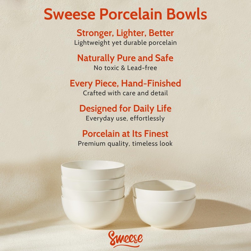 Sweese Porcelain Bowls Set of 6, 20oz Lightweight Round Cereal