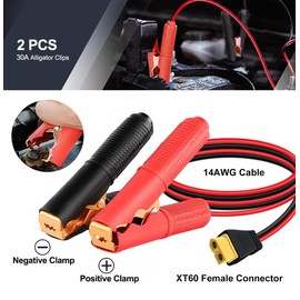 HuaLiSiJi XT60 to Alligator Clips Cable 12V 24V 20A 14AWG XT60 Female to Crocodile Clips for Cars Motorcycles (1m)