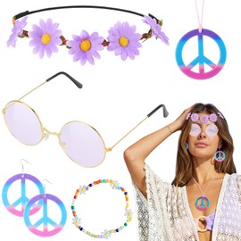 HenSan 6PCS Hippie Costume Accessories Set, 60s70s Retro Hippie Glasses Peace Sign Earrings and Necklace Sunflower Hair Band(Light Purple)