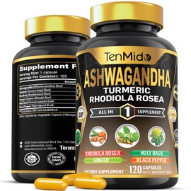 Tenmido Ashwagandha Supplements - 6in1 with Turmeric, Rhodiola, Ginger, Holy Basil & Black Pepper - 120 Vegan & Non-GMO Capsules