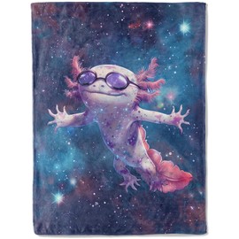ainori Axolotl Space Flannel Blanket - Sunglasses-Wearing Axolotls Floating in a Cosmic Galaxy Throw - Lightweight Soft Cozy Gifts Blankets for Kids Adult,Modern Decor,Home Room Accent 50x60in