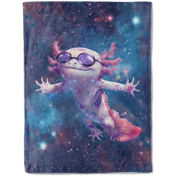 ainori Axolotl Space Flannel Blanket - Sunglasses-Wearing Axolotls Floating in
