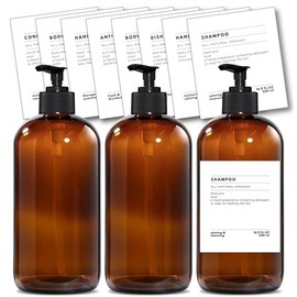 Genérico Dispensadores de jabón con Etiquetas para Elegir. para baño, Cocina, regadera, Botella Ambar y Tapa Negra. 3 dispensadores y 8 Etiquetas con 