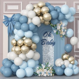 Dusty Blue Balloons Garland, 12 Inch Haze Blue Baby Blue Balloons Sand White Balloons with Metallic Gold Balloons for Boho Baby Shower Birthday Wedding Bridal Shower Gender Reveal Party Decorations